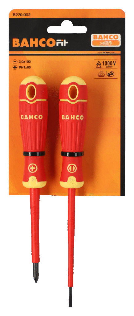 Bahco BahcoFit izoleli tornavida seti, 2 parça. Düz ve Phillips vidalar için