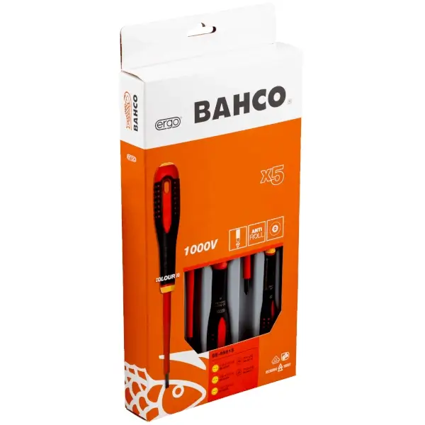 [BE-9881S] Bahco 1000V Ergo tornavida seti, 5 parça. Oluklu: 0.5-0.8-1 and Phillips 1-2
