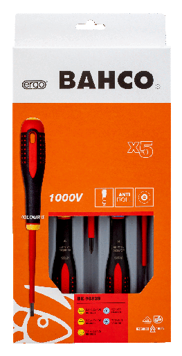 [BE-9882S] Bahco 1000V Ergo tornavida seti, 5 parça. Oluklu: 0.5-0.8-1 and Pozidriv 1 - 2